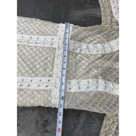 BEBE IVORY METALLIC EMBROIDERED MESH LACE UP DRESS KNEE LENGTH sz 8 - Picture 12 of 16